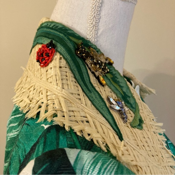 DOLCE AND GABBANA Green White Banana Leaf Tropical Print Straw Collar Jacket - Picture 8 of 15